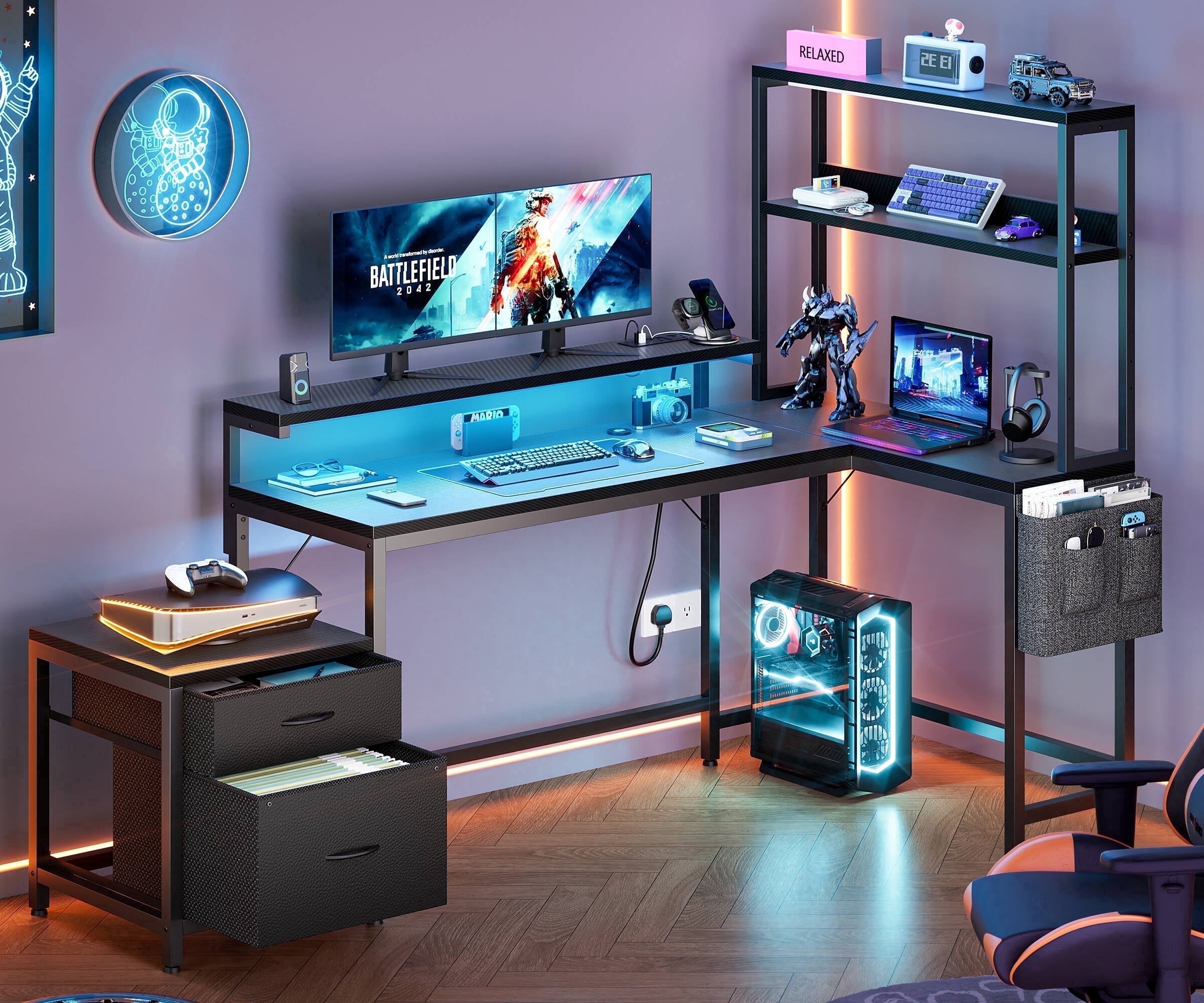 GUNAITO 71" L Shaped Gaming Desk with 2 Drawers and shelves, Corner Desk with LED Lights & Power Outlets,Carbon Fiber Black