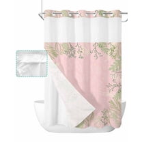 No Hook Shower Curtain with Snap in Liner, Green Plant Branches Flower Pink Hotel Shower Curtains for Bathroom, Washable Shower Curtain Liner Set with Mesh Top Window, 48"x72"