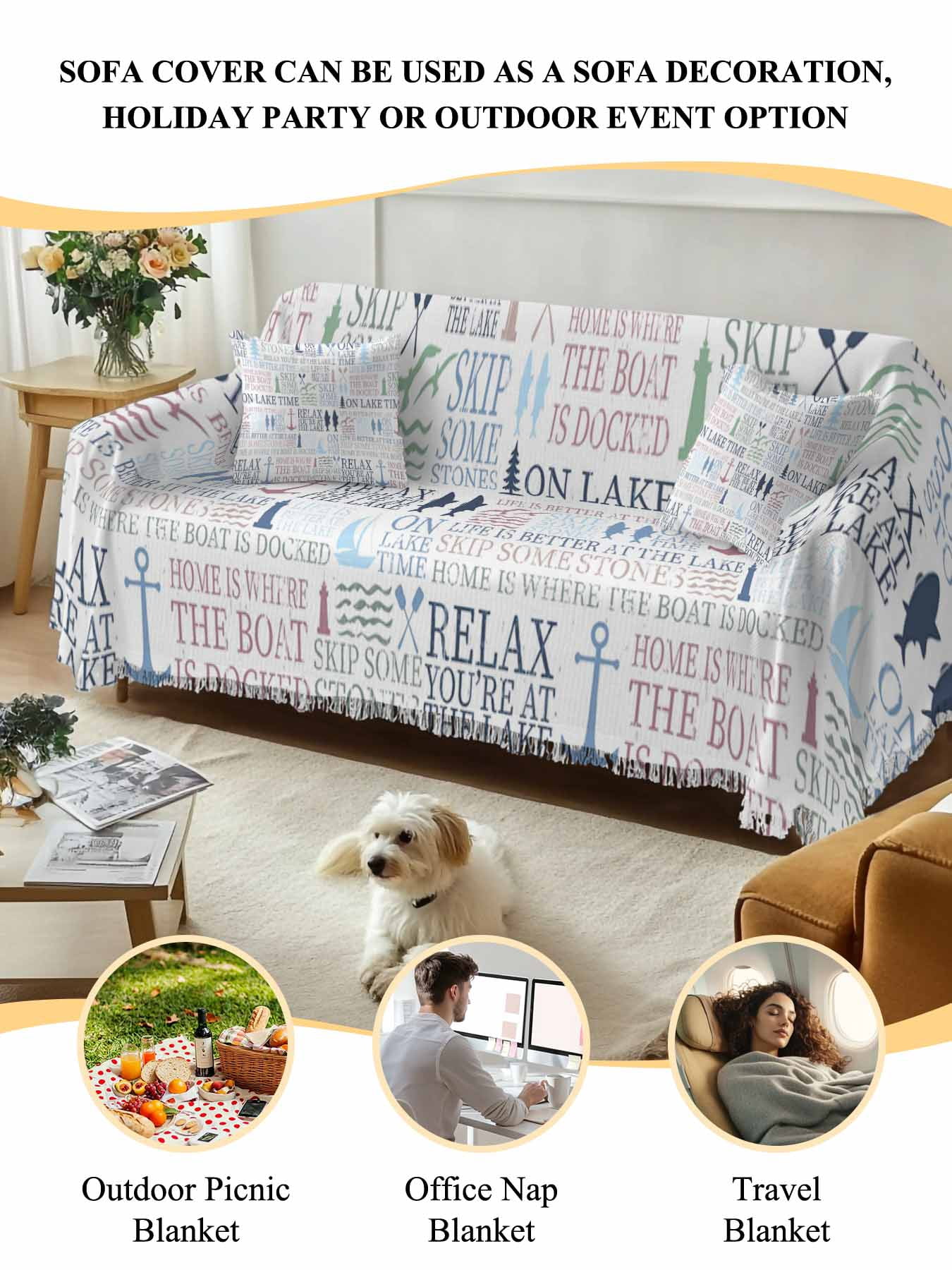 Ocean Nautical Couch Cover, Rustic Anchors Fish Oars Lighthouses Sofa Cover Blanket for Loveseat Couches, Sectional Sofa Slipcover Furniture Protector for Living Room Bedroom 71''x118''