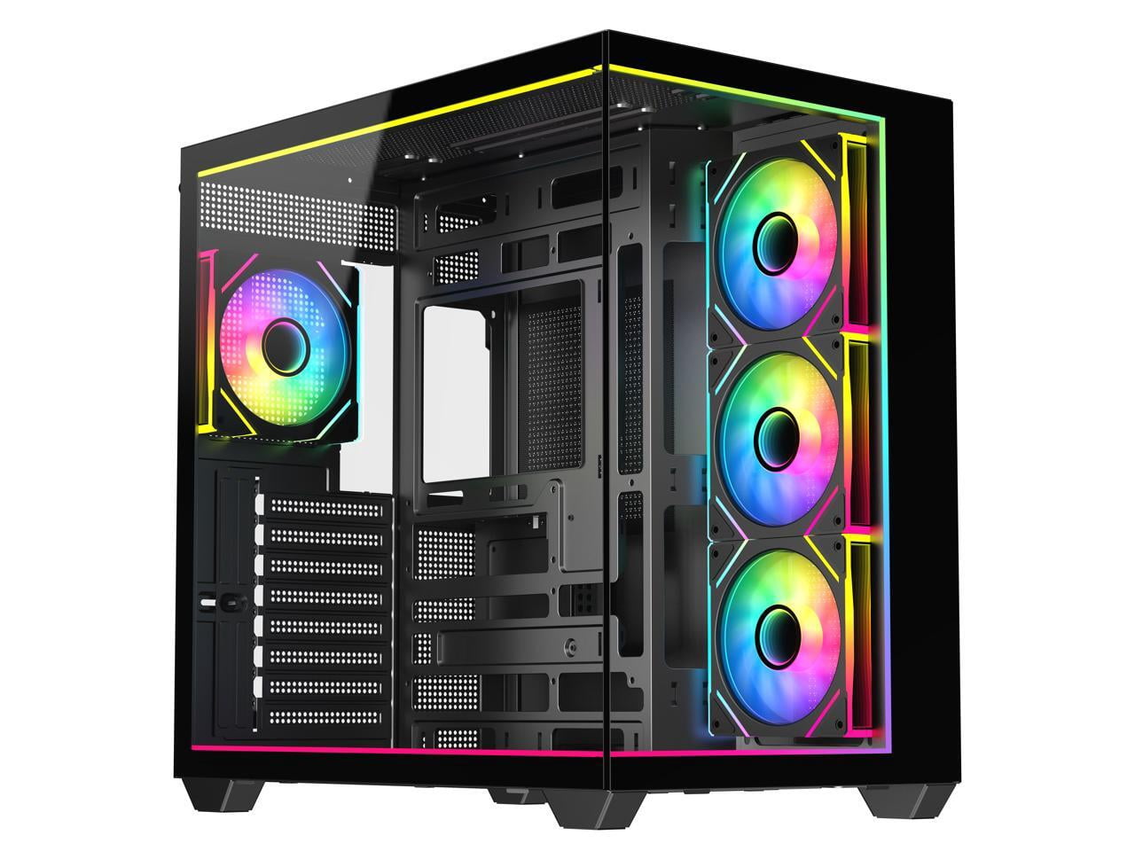 DIYPC IDX3-ATX-ARGB Black Dual USB3.0/ Type C Tempered Glass ATX Gaming Computer Case w/ Dual Tempered Glass Panel and 4 x ARGB PWM Fans (Pre-Installed). Integrated ARGB Light Strip.