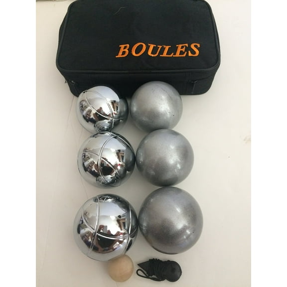BuyBocceBalls Listing - Unique 6 Ball 73mm Metal Bocce/Petanque Set with 3 Grind Sand Balls and 3 Silver Balls