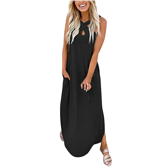 Lenago Robes de Cocktail Grande Taille pour Femmes Soirée Robe Longue d'Été Décontractée Sans Manches Fendue Plage Maxi avec Poches Robes de Plage d'Été en Solde