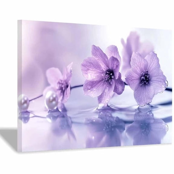 Mudket Light Purple Flower on Water with Pearls Canvas Wall Art, Framed Floral Print, Ready to Hang Wall Decor for Bathroom Bedroom, Calming Elegant Artwork - 12"L x 8"W