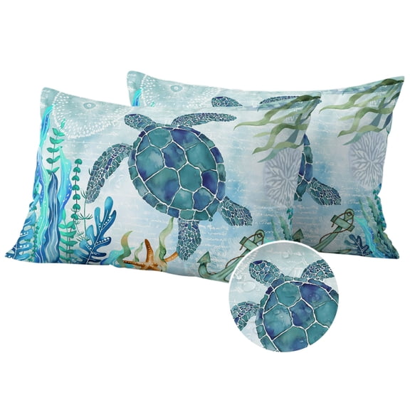 Teal Green Sea Turtle Outdoor Pillow Covers 20x12 Set of 2,Waterproof Patio Throw Pillowcase Protectors,Coastal Summer Beach Seaweed Lumbar Decorative Pillow Shams Cushion Covers for Seat Bed Couch