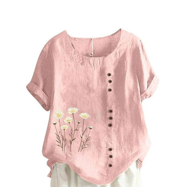 Camisetas de Manga Corta para las Mujeres Impreso Botón de Manga Corta Camiseta Blusa Poliéster, Ropa Casual Mirar Superior para las Mujeres