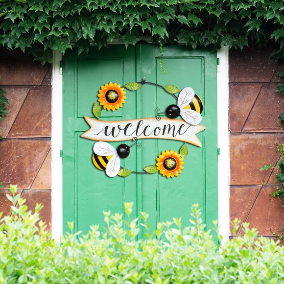 Retro Welcome Iron Wall Decor | Bee Sunflower Beetle Wreath Hanging Sign | Farmhouse Front Door Decoration for Porch Kitchen Indoor Outdoor Entryway