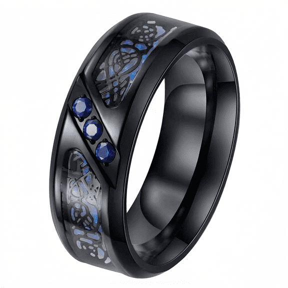 PAMTIER Mens Wedding Band Dragon Ring Inlaid with Zirconia Stainless Steel Symbol of Power Black Blue Size 7