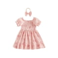 thumbnail image 2 of BemeyourBBs Kids Toddler Baby Girls Summer Smocked Dress Little Girl Cotton Linen Outfit Bow Print Short Sleeve Square Neck Ruffle Dress and Headband Set, 2 of 9