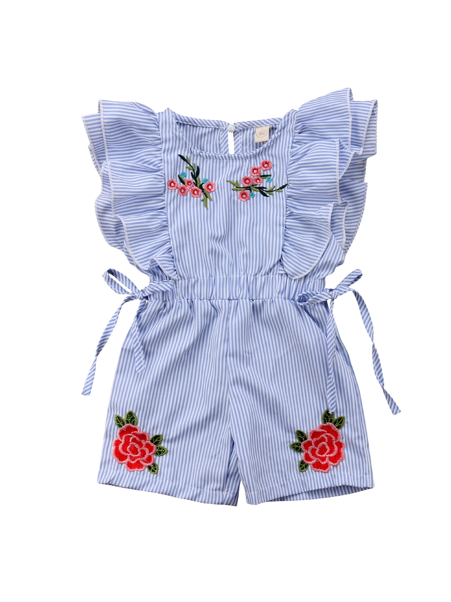 Baby Kid Girl Flower Embroidery Ruffle Romper Striped Summer Sweet Jumpsuit 