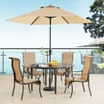thumbnail image 5 of Hanover Brigantine 5-Piece Modern Outdoor Dining Set with 9 Ft. Umbrella | 4 Stackable Sling Chairs | 50'' Round Cast-Top Table | Weather, Rust, UV Resistant | Tan/Bronze | BRIGDN5PCRD-SU, 5 of 14