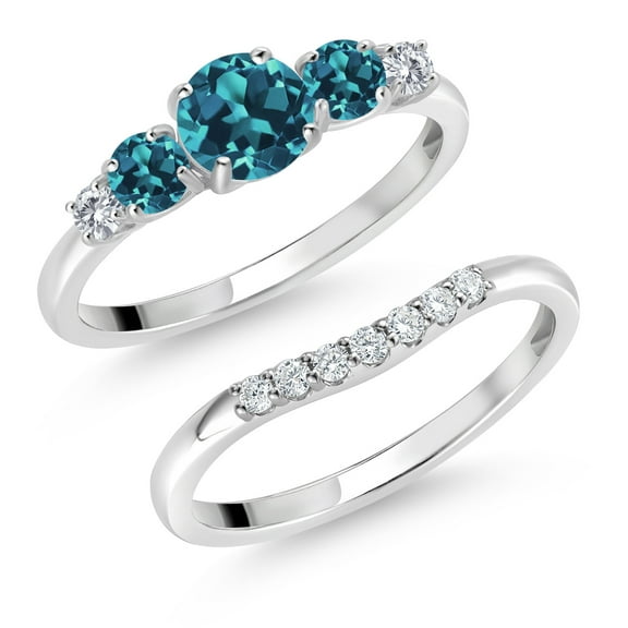 Gem Stone King 10K White Gold London Blue Topaz and White Lab Grown Diamond 5 Stone Bridal Engagement Wedding Ring Set for Women (1.07 Cttw, Round: 5MM and 3MM, Size 9)