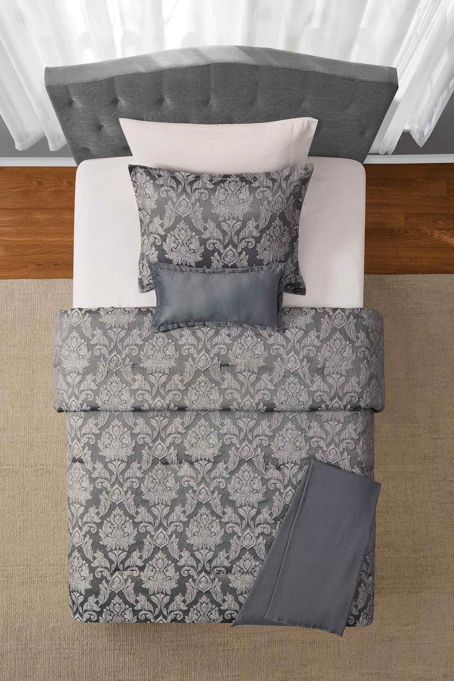 Mainstays Damask 4-Piece Grey Jacquard Comforter Set, Twin/Twin XL
