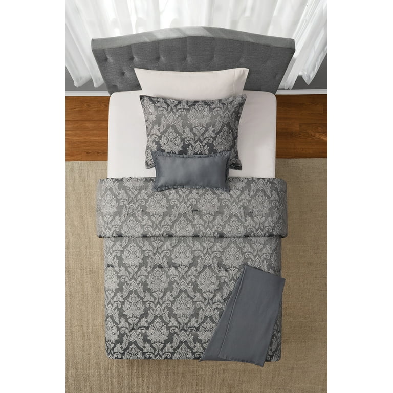 Mainstays Damask 4-Piece Grey Jacquard Comforter Set, Twin/Twin XL