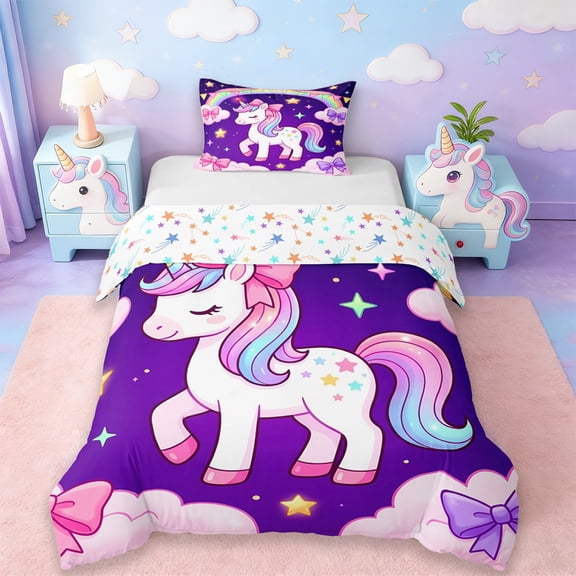 Erosebridal Kawaii Unicorn Kids Twin Bedding,Cute Bowknot Kawaii Stars Rainbow Duvet Cover Set For Girls,Reversible 2-Piece,No Comforter