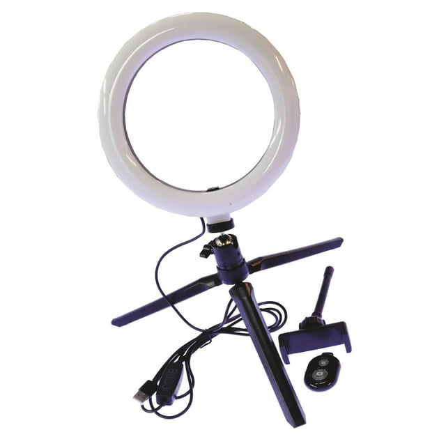 aro de luz led 10 pulgadas con tripie fussion acustic chlpi-001 negro, vista 3/4 frontal del aro circular sobre trípode plegable, cable USB con control de intensidad y soporte para celular desmontable; mando remoto visible, para iluminación de fotografía y video.