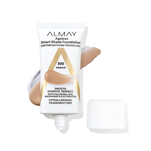 Almay Smart Shade Ageless base antienvejecimiento con ácido hialurónico, niacinamida, vitamina C y E, hipoalergénica, sin fragancia, 300 Medium, 1 onza líqu