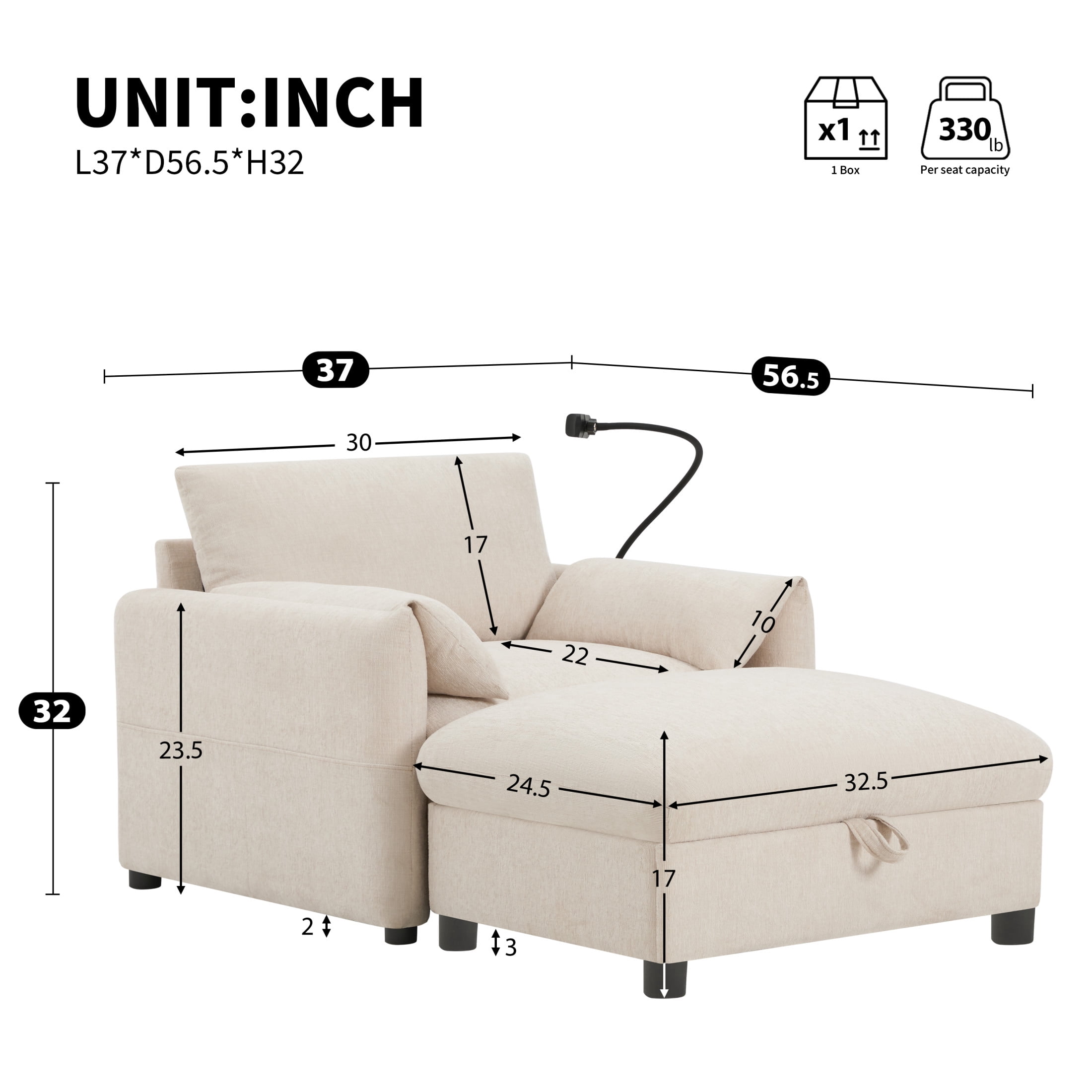 Noble House Odette 37" Chenille Upholstered Armchair with Storage Ottoman and Charging Port, Cloud Chaise Lounge, Beige