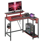 Pinmoco 42 Reversible L-Shaped Gaming Desk with Monitor Stand, LED Lights& Headset Hooks, Home Office, Carbon Fiber Black