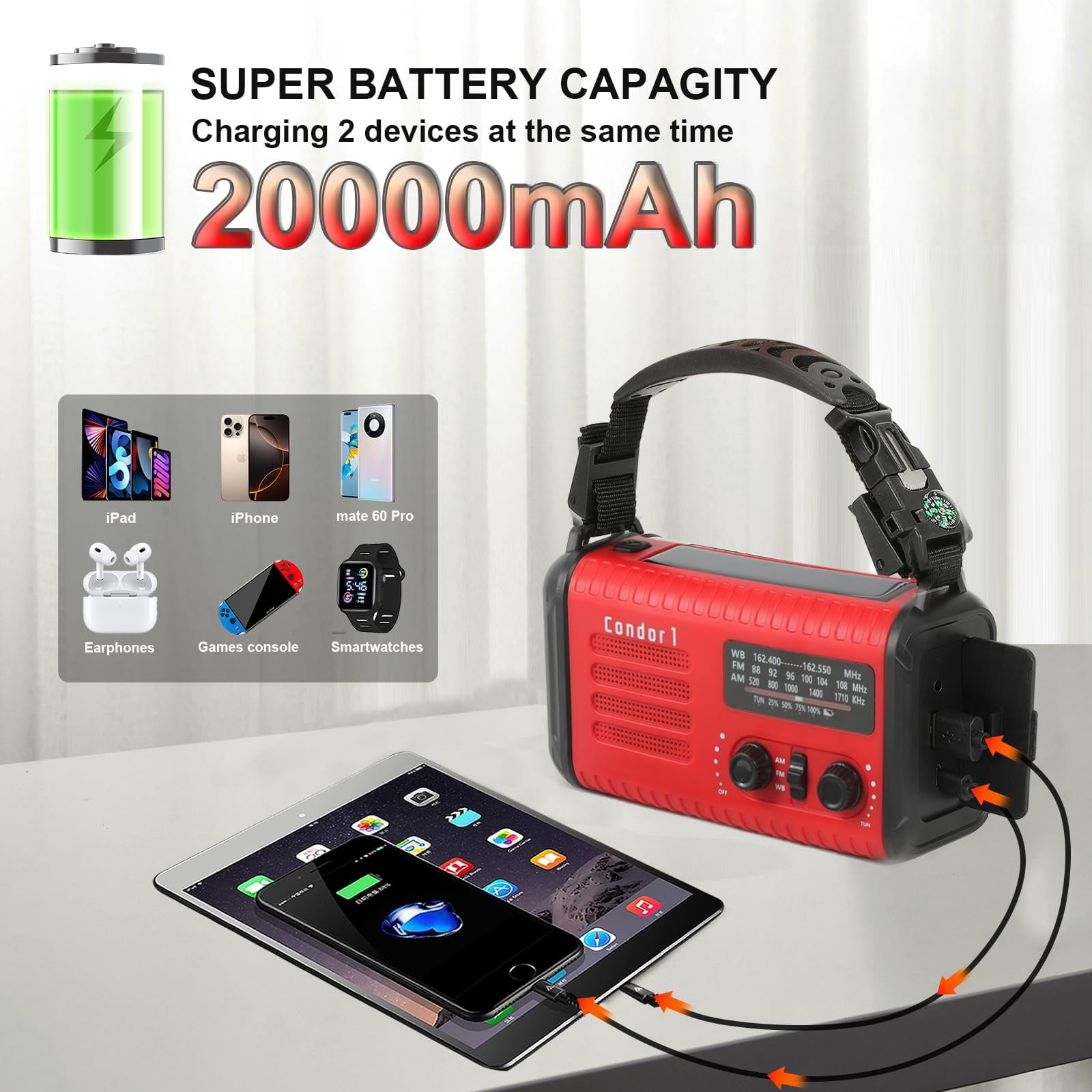 20000mah / 74000mwh Emergency Radio  Solar Hand Crank Am/fm/noaa Weather With Cell Phone Sos Alarm Flashlight & Reading Lamp (red)