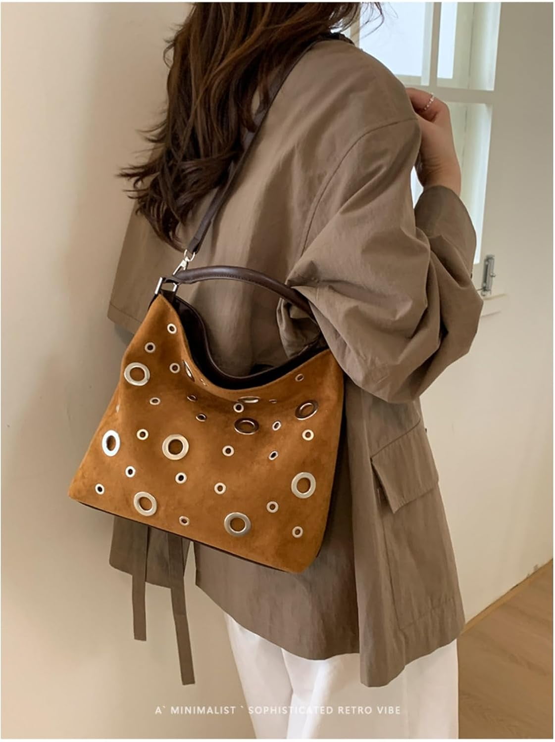 SPEKSEE Suede Hobo Bag for Women Studded Grommet Crossbody Tote Vintage Slouchy Shoulder Handbag Stylish Fall Purse