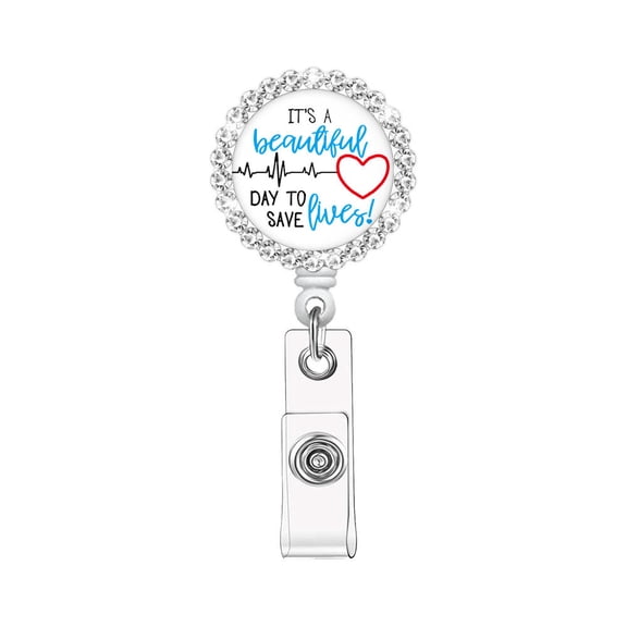 White Diamond-Studded Resin Stretchable Office/Medical Badge Reel Gift ID Holder Clip