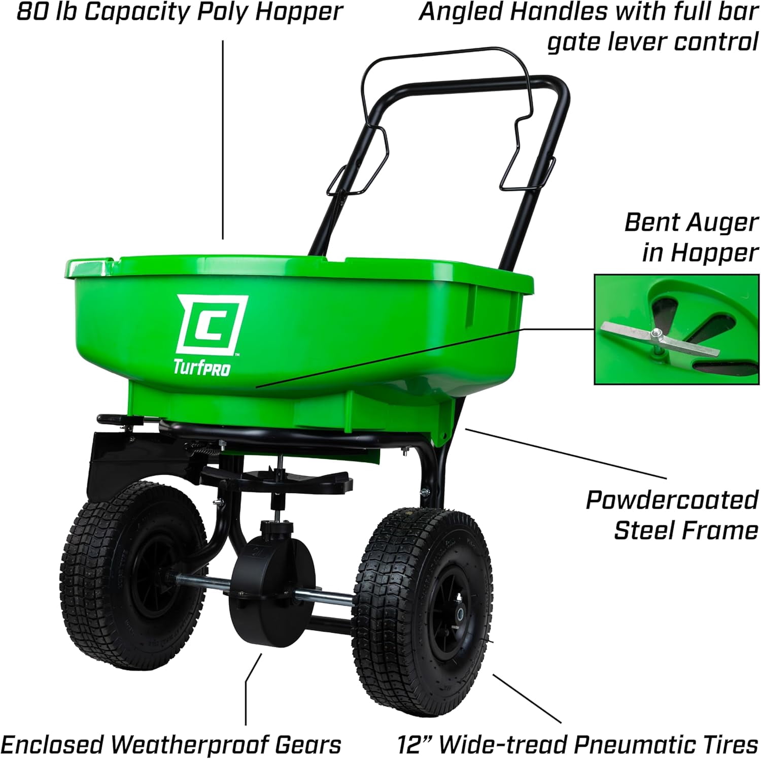 Chapin 89000A Spreader, Lawn and Garden, 80Lbs, TurfPro, Broadcast, Push, Walk Behind, 10" Tires, Weather-Proof, Poly Hopper, Pull-Bar Lever with 15 Setting Gate, Spreads Fertilizer and Seeds