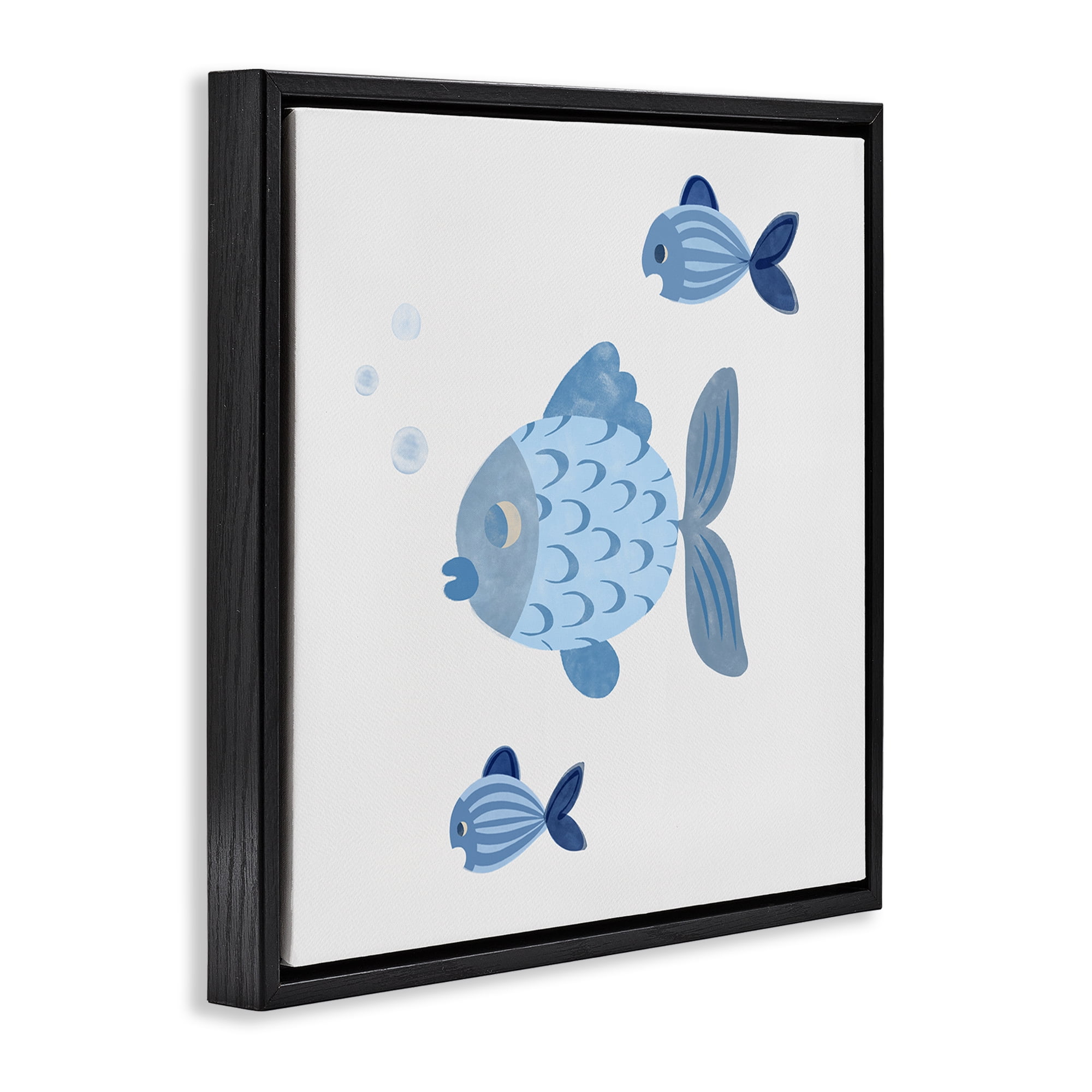 Stupell Industries Minimal Blue Fish Animals Painting Black Floater Framed Canvas Art Print Wall Art, 18 x 18