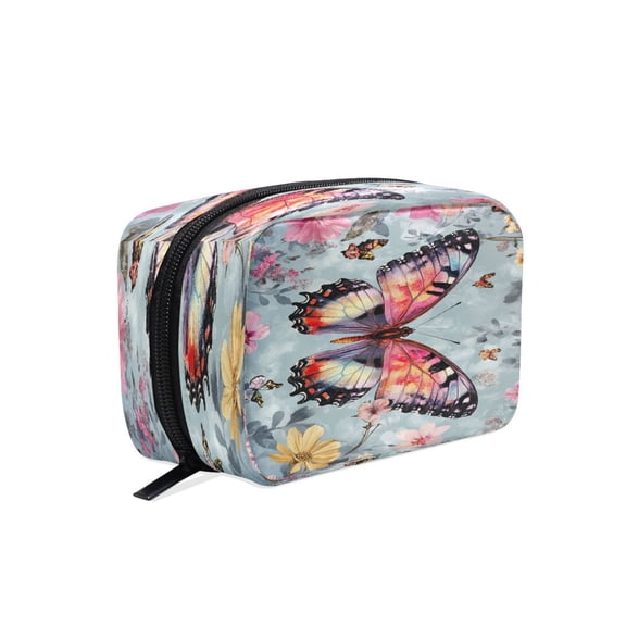 BZSMCE Makeup and Cosmetic Bag Women Simple Butterfly Surrounded by Colorful Flowers Pattern Square Cosmetic Bag