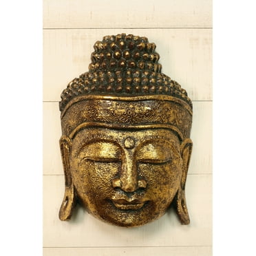 12" Wooden Wall Mask Serene Gold Buddha Head Statue Hand Carved Sculpture Handmade Figurine Gift Home Decor Accent Handcrafted Wall Hanging Decoration