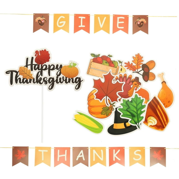 MLINS Thanksgiving Cake Decor with Cartoon Picks and Banner for Party Use Assorted Color Paper