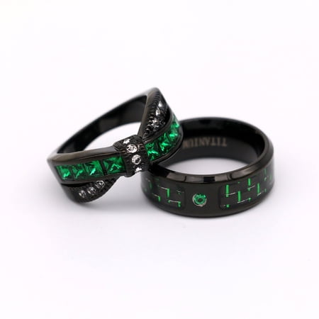 His and Hers Ring Couple Rings Crown Ring Black Plated Marquise 1CT Green CZ Womens Wedding Ring Sets Titanium Steel Mens Wedding Bands