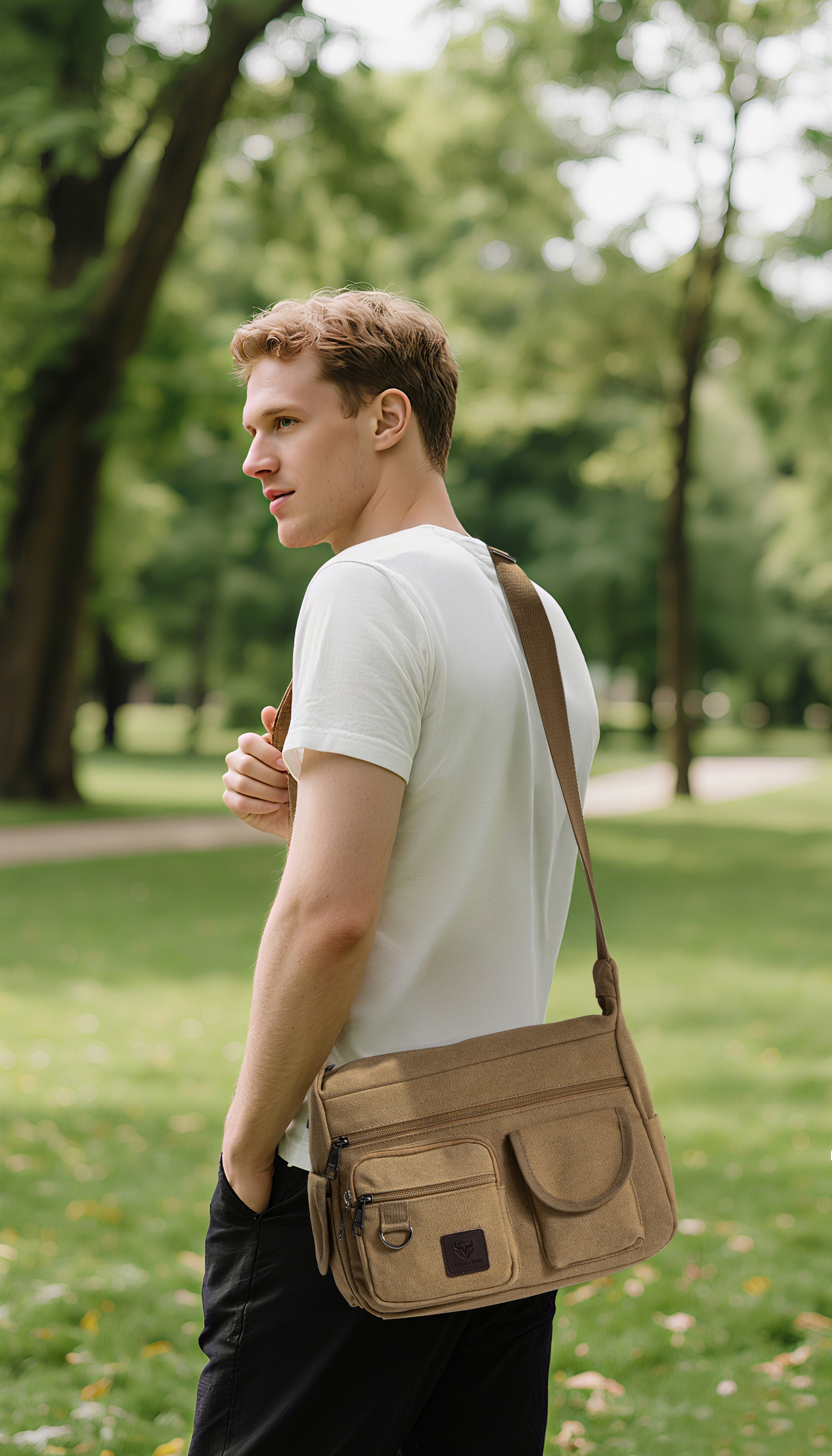 LEBULLBRO Canvas Messenger Bag for Mens Womens Multi-pockets 13 inch Laptop Shoulder Sling Bags School Crossbody Bags Travel Khaki