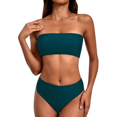 MSJUHEG Swimsuit Sets Green Bikini Sets for Women Bandeau Bikini Set Two Piece Swimsuit Multi Color Breast Top Lace Up Bikini Swimsuit Bikini Sets for Women Bathing Suit for Women Bikini Green 2 S