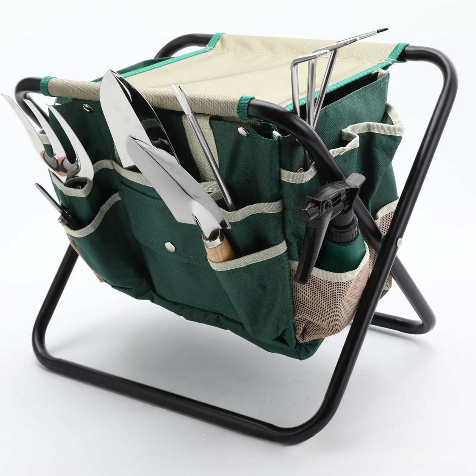 Cadancy Garden Tool Bag Organizer, Heavy Duty Canvas Tote with Multiple Pockets, Portable Yard Tool Carrier Folding Storage Caddy for Gardening Supplies, Lawn Care Equipment Durable Utility Bags