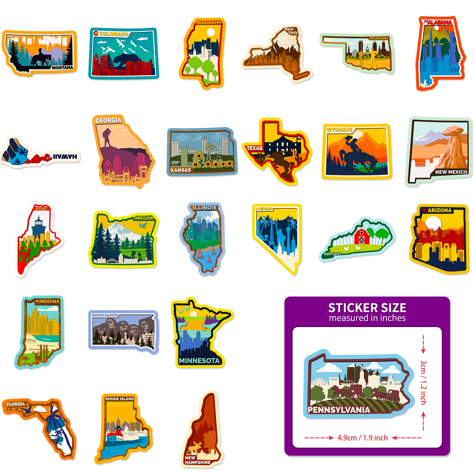 50-Pack USA States Stickers - Graffiti-Style U.S. State Maps and City Map Stickers for DIY and Decoration