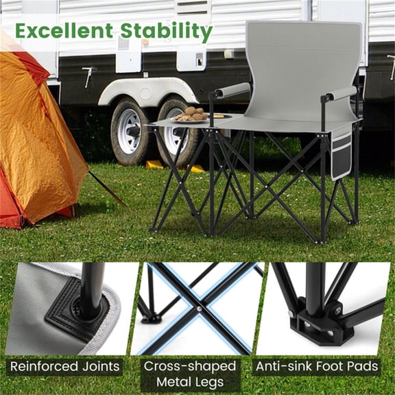 Gray Oversized Camping Chair 330 LBS Capacity – Foldable with Side Table Cup Holder & Storage Pockets Portable Outdoor Chair with Carrying Bag