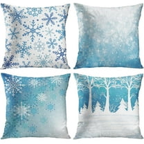 Set of 4 Throw Pillow Covers 20x20 Inches Cushion Merry Christmas Blue Snow Winter with Snowflakes Falling White Crystal Forest Pillow Cases Square Pillocases for Bed Sofa