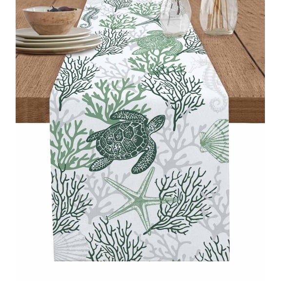 Hokiten Table Runners 120 Inches Long Dress Scarves, Sage Green Coastal Farmhouse Coffee/Dining/Kitchen Table Runner for Living Room, Sea Turtle Nautical Coral Summer Beach 13x120 Inch