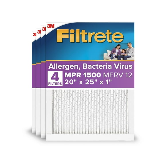 Filtrete 20x25x1 HVAC Furnace Air Filter, MPR 1500 MERV 12, Allergen, Bacteria, Virus, 4 Pack