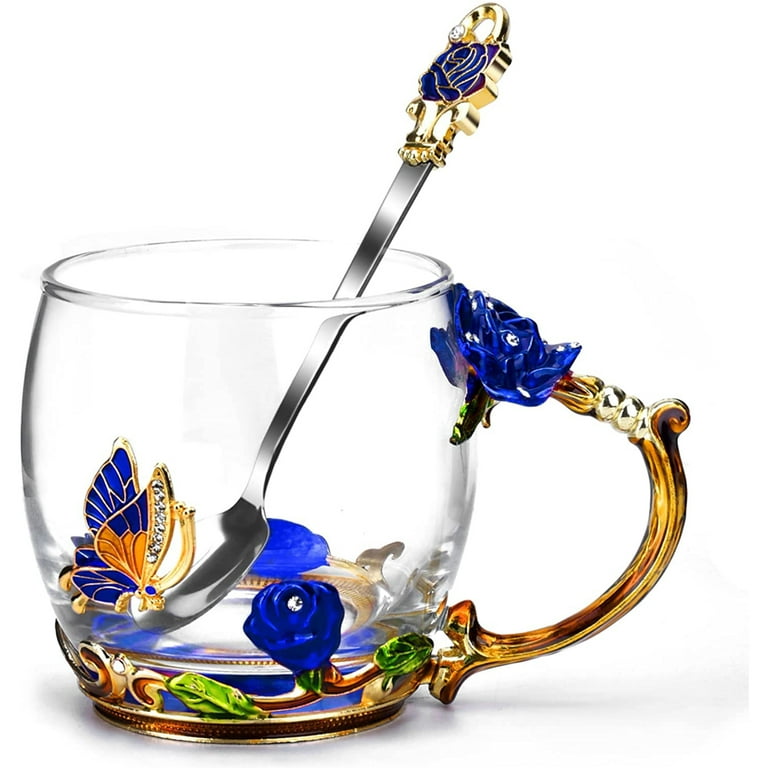 SHEEYEE glass coffee Mugs with Spoon, Enamel Butterfly Rose
