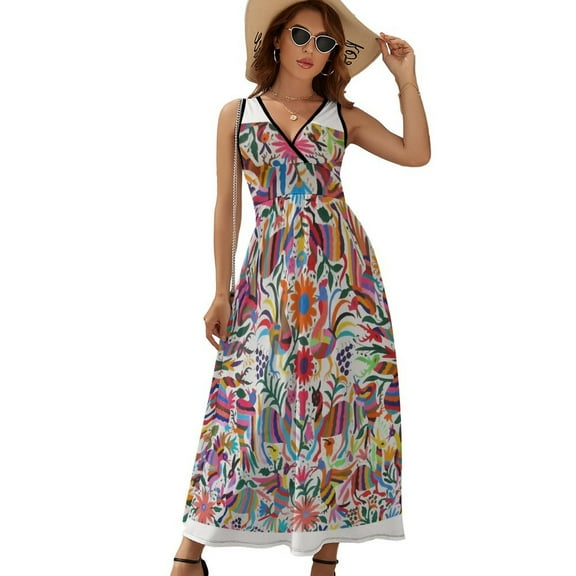 Otomi Fabric Mexico Art Womens Night Club Maxi Dress V Neck Sleeveless Bohemia Long Dresses