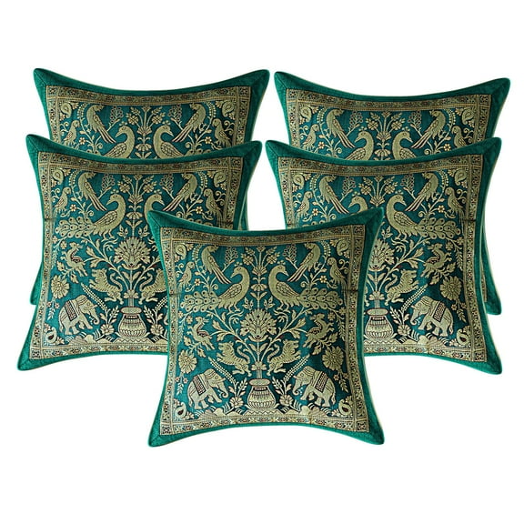 Stylo Culture Indian Decorative Throw Pillow Covers 12x12 Jacquard Peacock Emerald Green Square 30cm x 30cm Home Decor Brocade Elephant Zippered Cushion Covers | Set Of 5