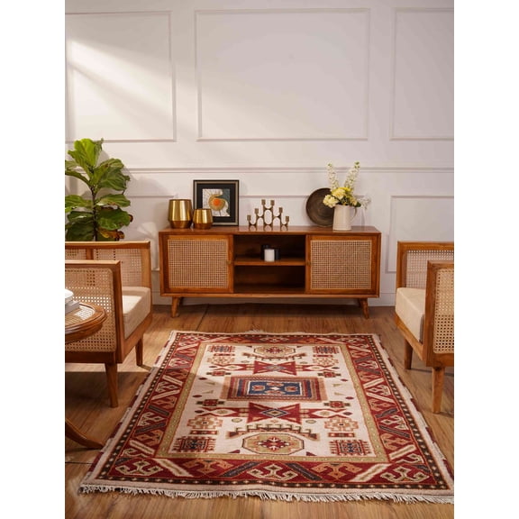 Rugsotic Carpets Hand Knotted Afghan Rugs Rectangle 3'x5' Cream Burgundy Silk-Wool for Indoor Use