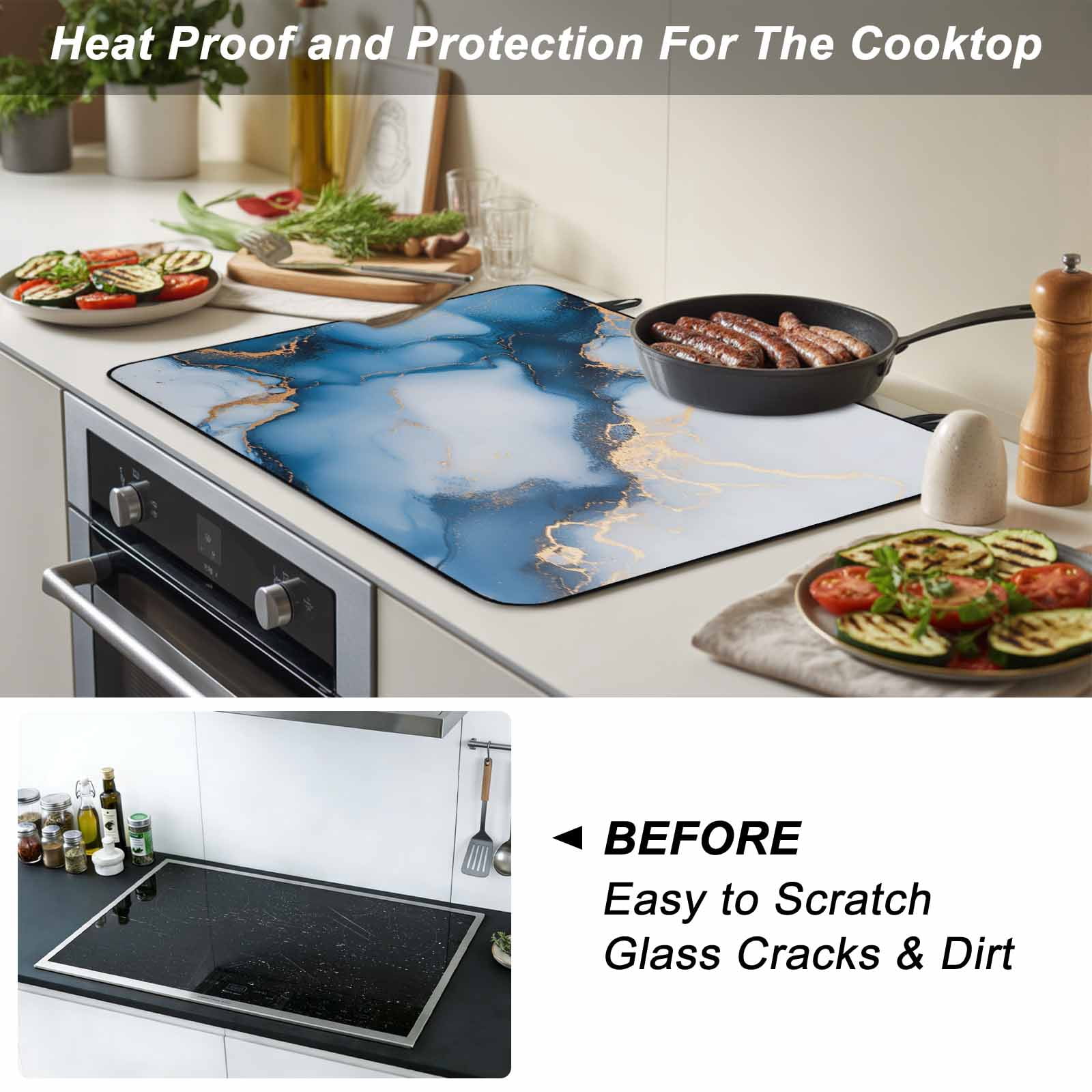 Blue Marble Stove Top Cover for Electric Stove, Heat-proof & Non Slip Glass Top Stove Cover Protector, Modern Gray Golden Abstract Gradient Art Kitchen Flat Cooktop Rubber Mat 24x21 Inches