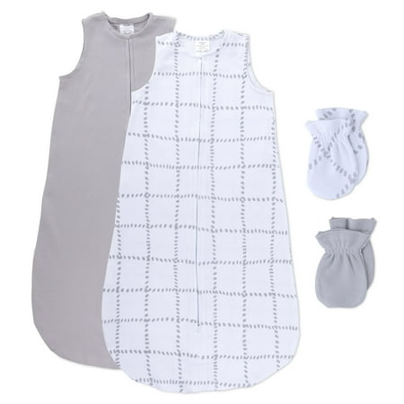 Petit Classics Baby Wearable Blanket and Mittens Set (2-Pack) - 100% High Quality Knit Cotton for Baby Boy or Baby Girl from 6 - 12 Months (Grey Grid Lines & Solid Grey)