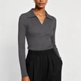 thumbnail image 5 of AcaicsNo Boundaries Women's Long Sleeve Knit Top, Slim Fit Ribbed V Neck Polo Collar Solid Casual Sweater, 5 of 6