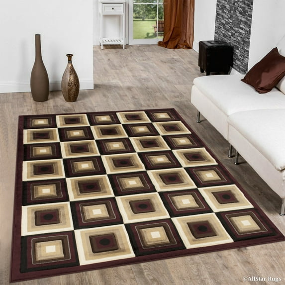 Allstar Burgundy Squares Modern Geometric Area Rug (5' 2" x 7' 2")