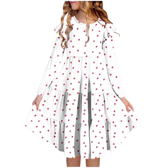 Atogsazn Girls Summer Long Sleeve Dress Kids Casual Ruffle A-Lined Midi Sundress Striped Layered Dresses 02-White 14-15 Years Fashion