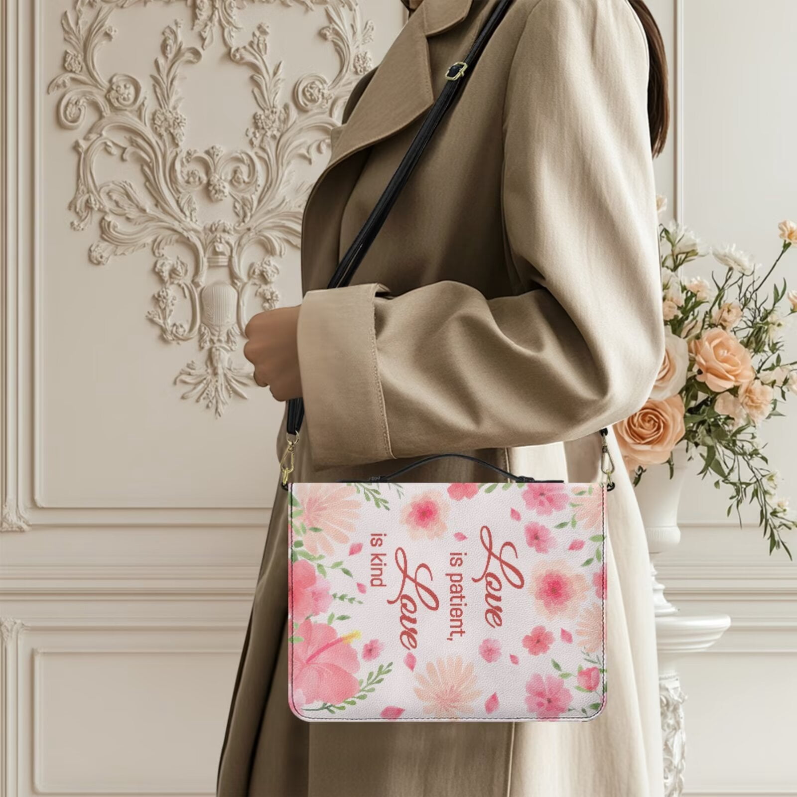Kuiaobaty Floral Print Bible Cover Case for Women Leather Church Bag Scripture Case with Shoulder Strap Portable Mens Christian Study Accessories with Bookmark for Church, Pink