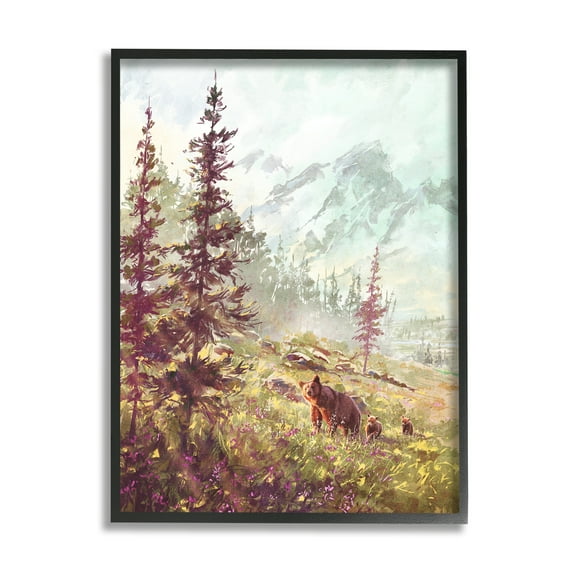 Stupell Baby Bear Family Woodland Mountains Animals & Insects Painting Black Framed Art Print Wall Art